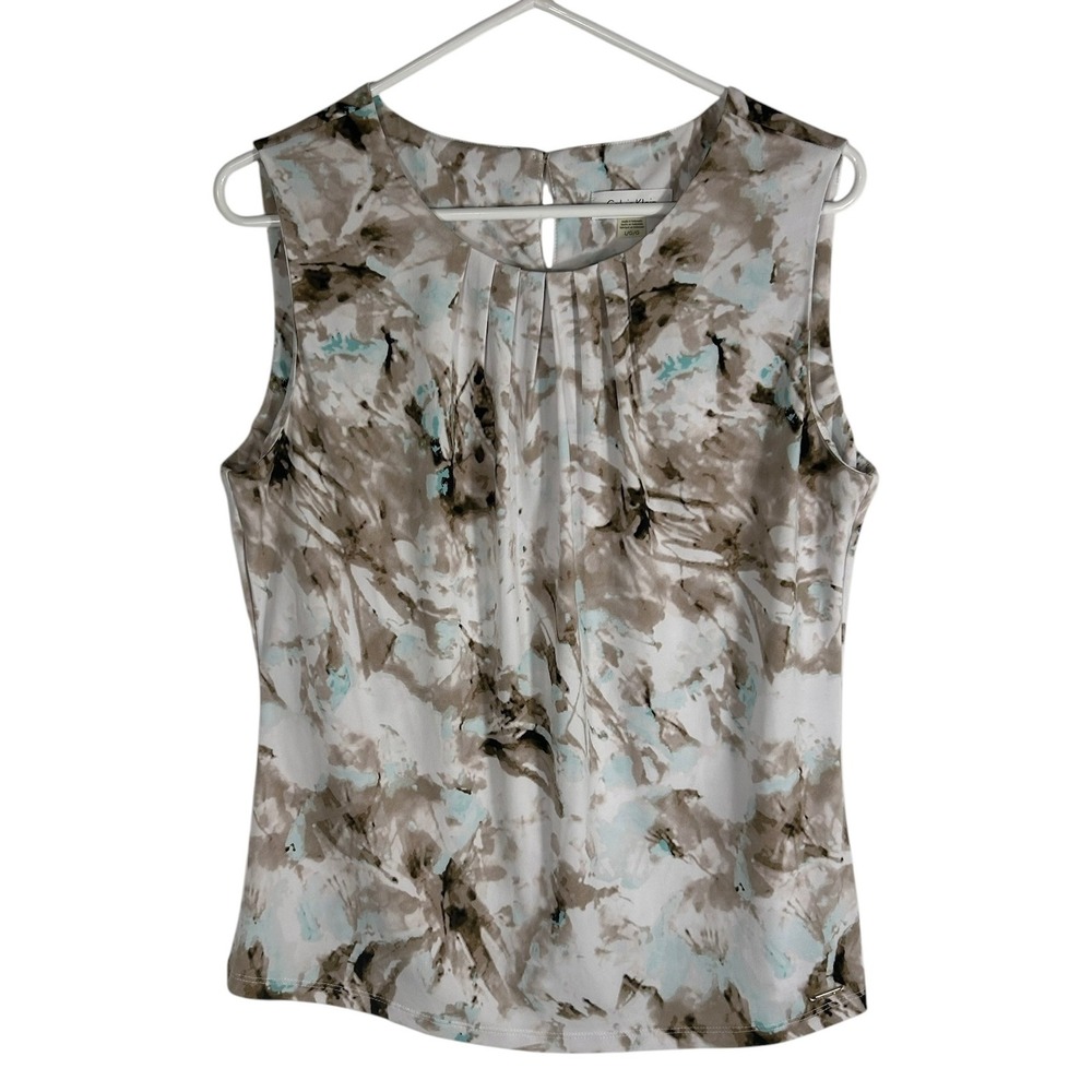 Calvin Klein Women Large Abstract Floral Pleated Neck Sleeveless Shell Top Taupe